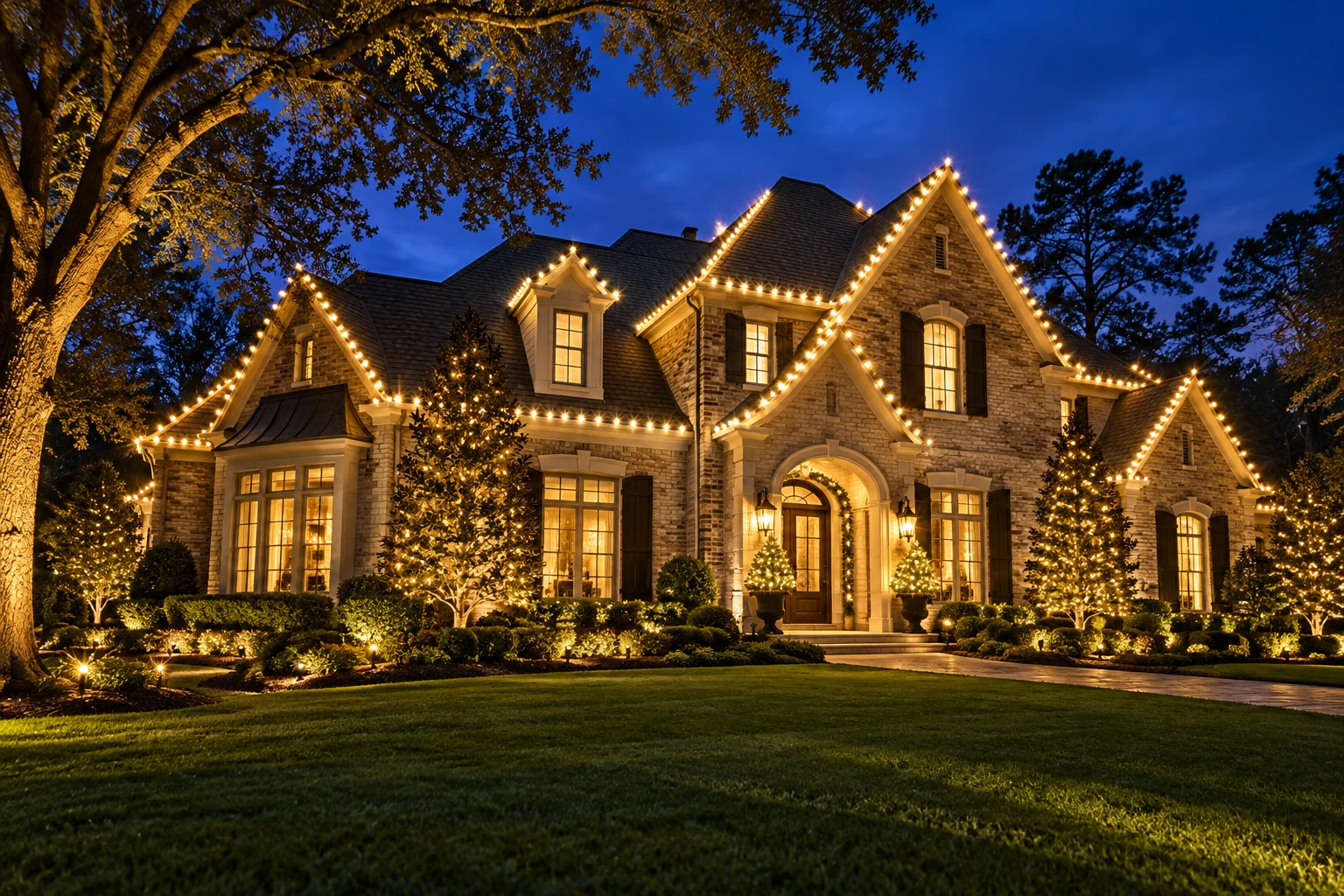 Warm white Christmas lights tracing the gables of an elegant two-story home at dusk