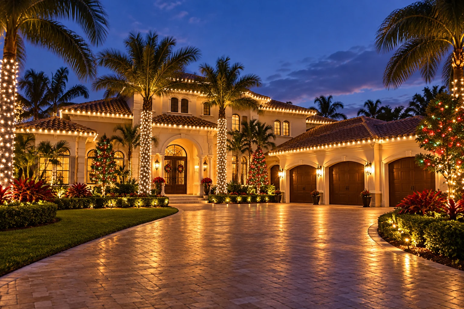 A Florida home with warm roofline lights, glowing palms, and a blue evening sky