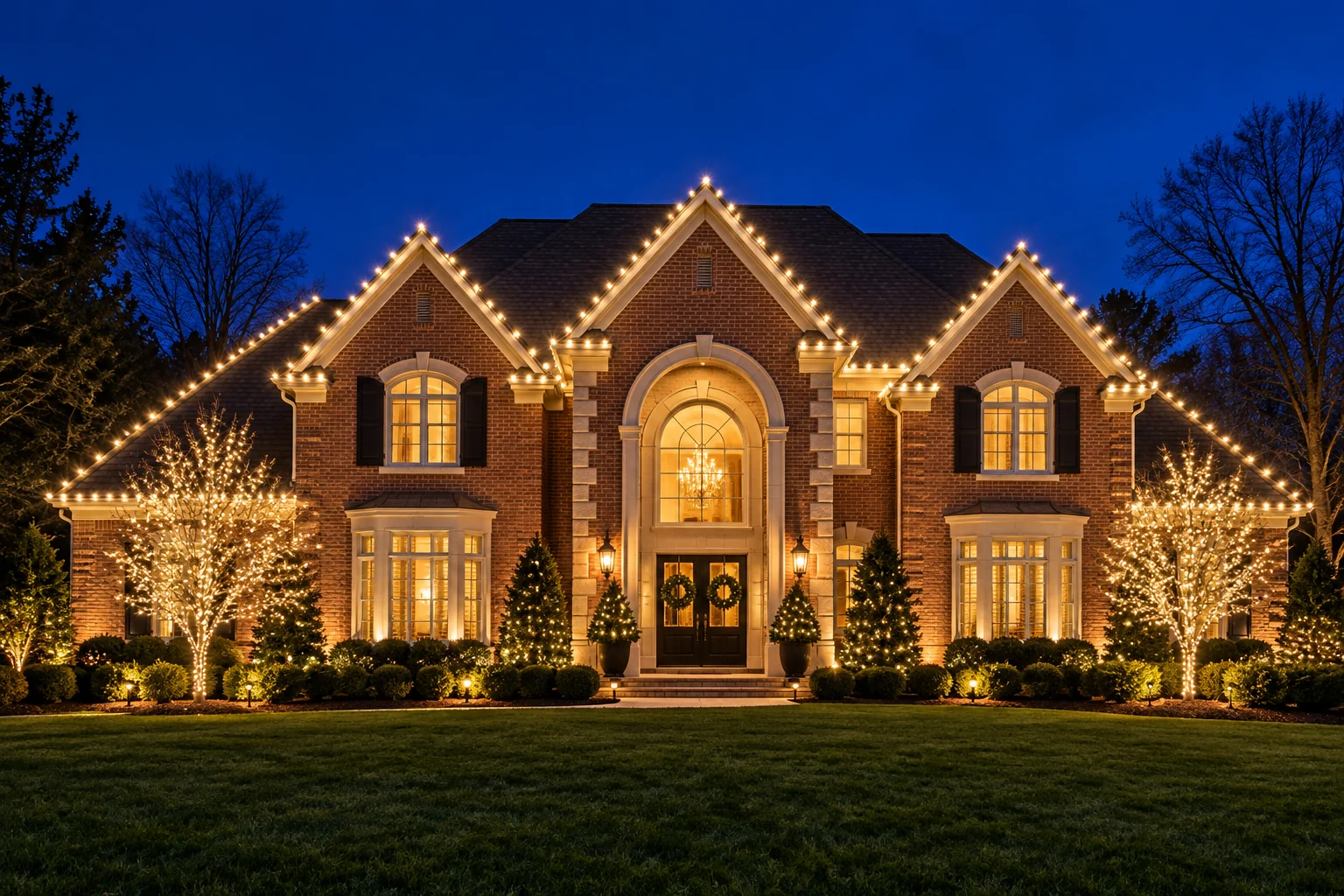 Crisp white Christmas lights outlining a stone and brick home
