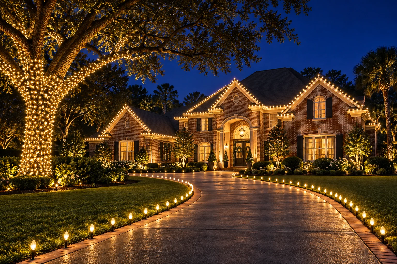 A welcoming house with golden rooflines and lights following a curved driveway