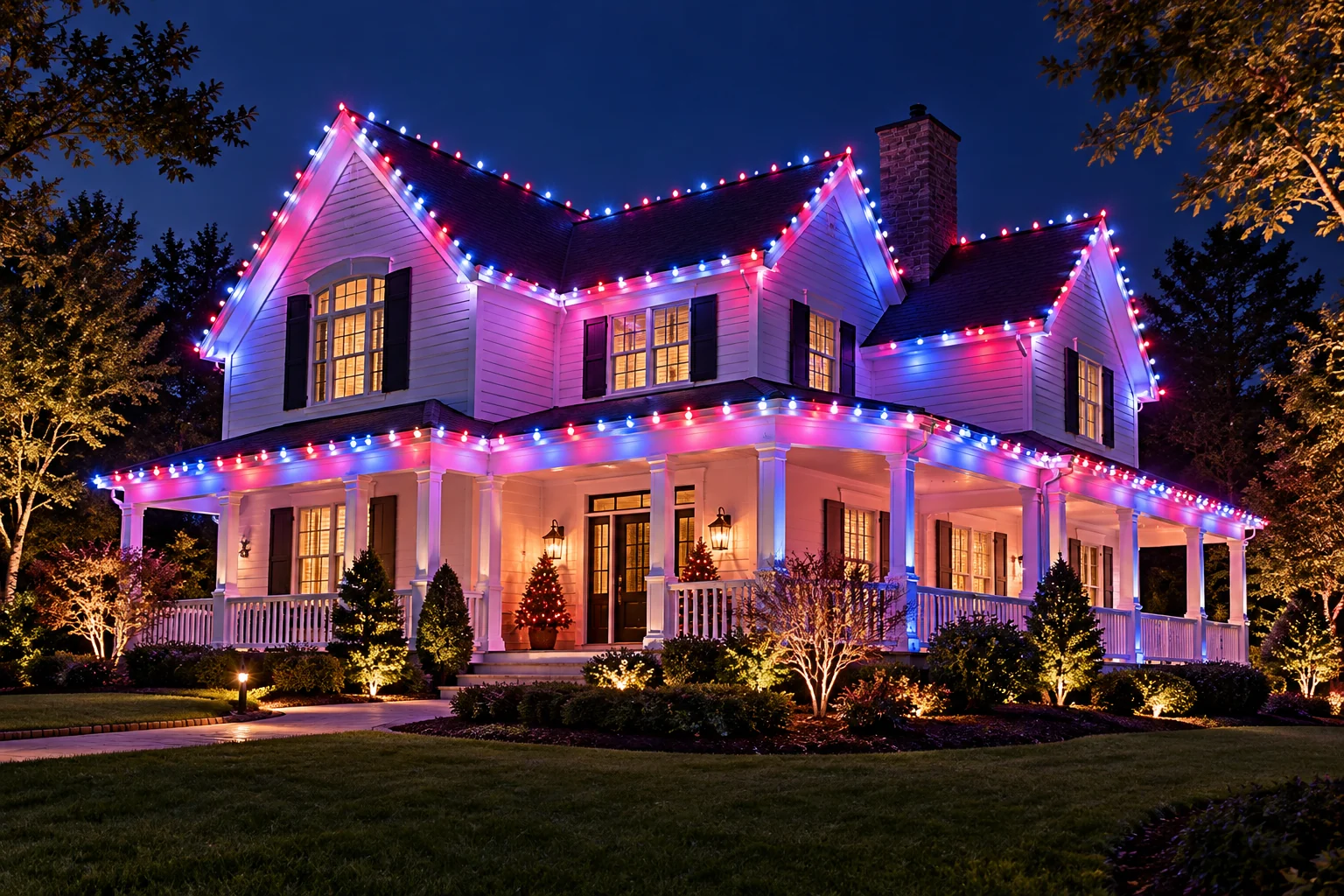 A porch-front home glowing with red, blue, and violet Christmas lighting
