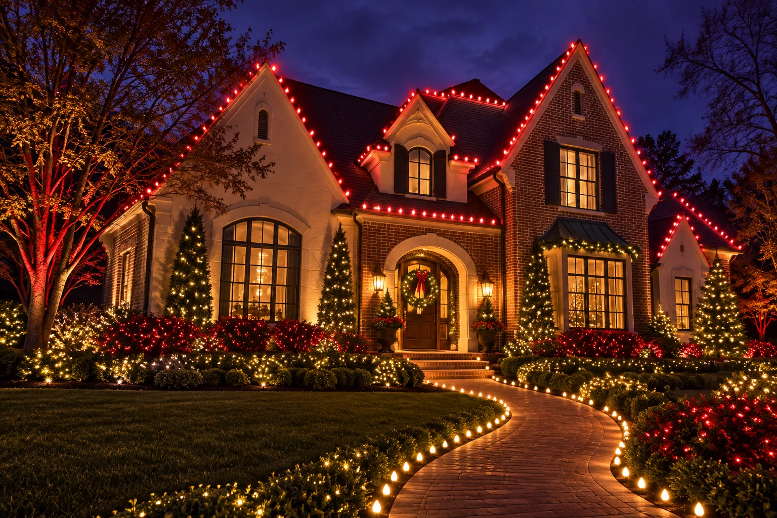 Ruby-red Christmas lights outlining the peaks of a home at twilight