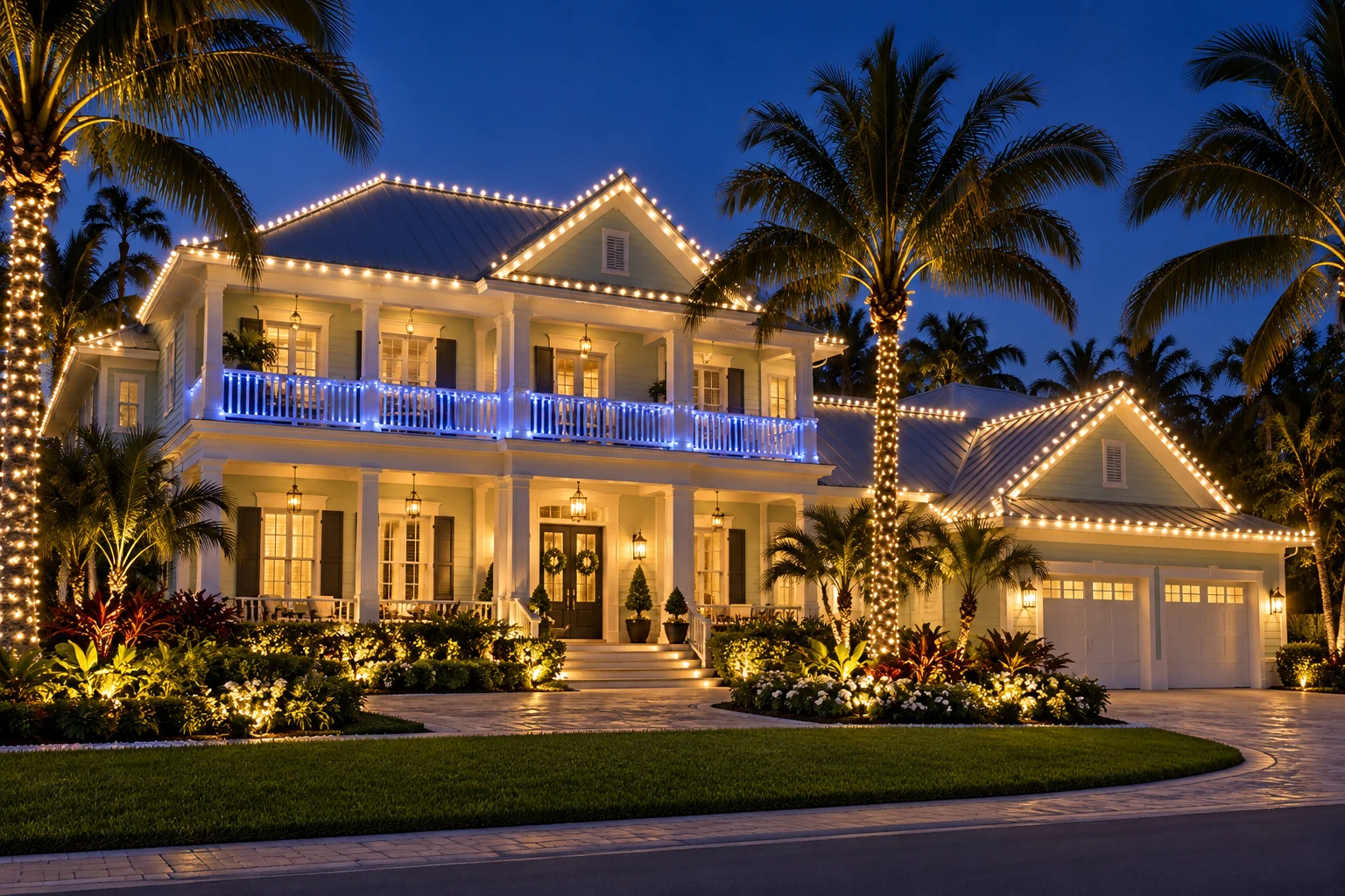 A coastal cottage with soft white lights and illuminated palms