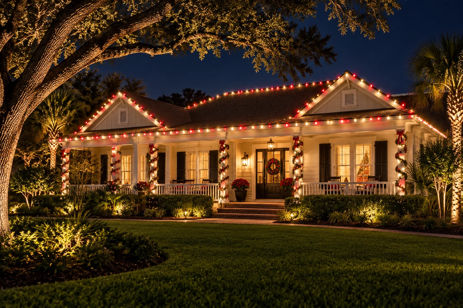 A cottage decorated with alternating red and white Christmas bulbs