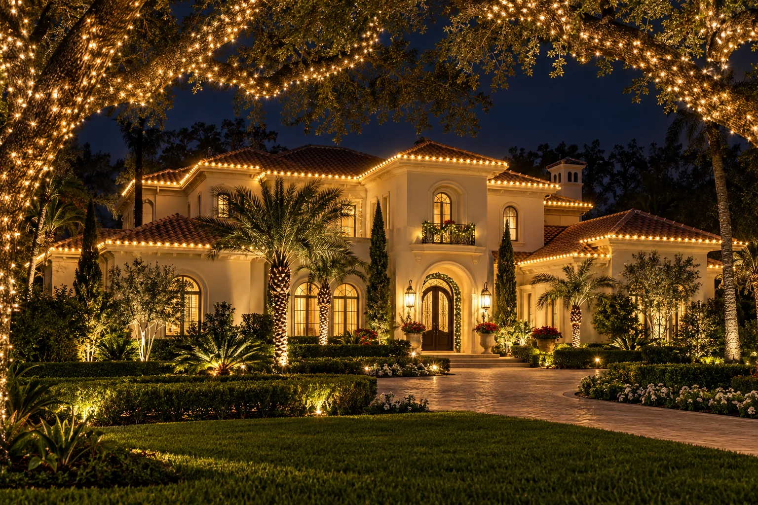 A Southern home framed by live oaks and warm white Christmas lights