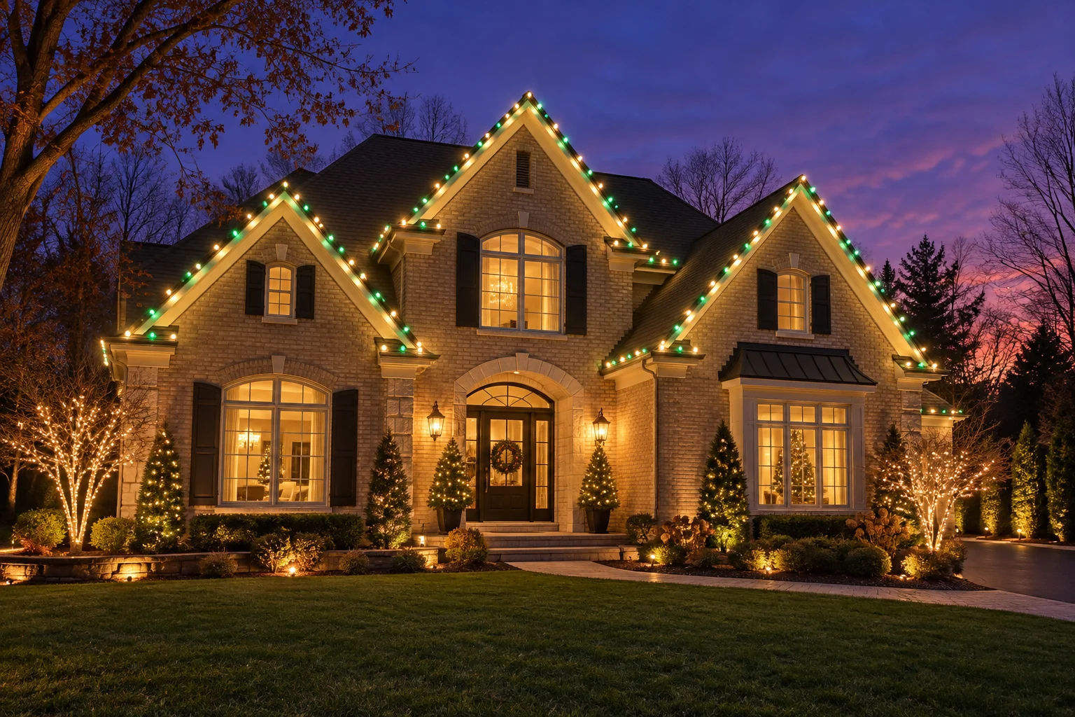 A home with evergreen accents and warm golden Christmas lighting