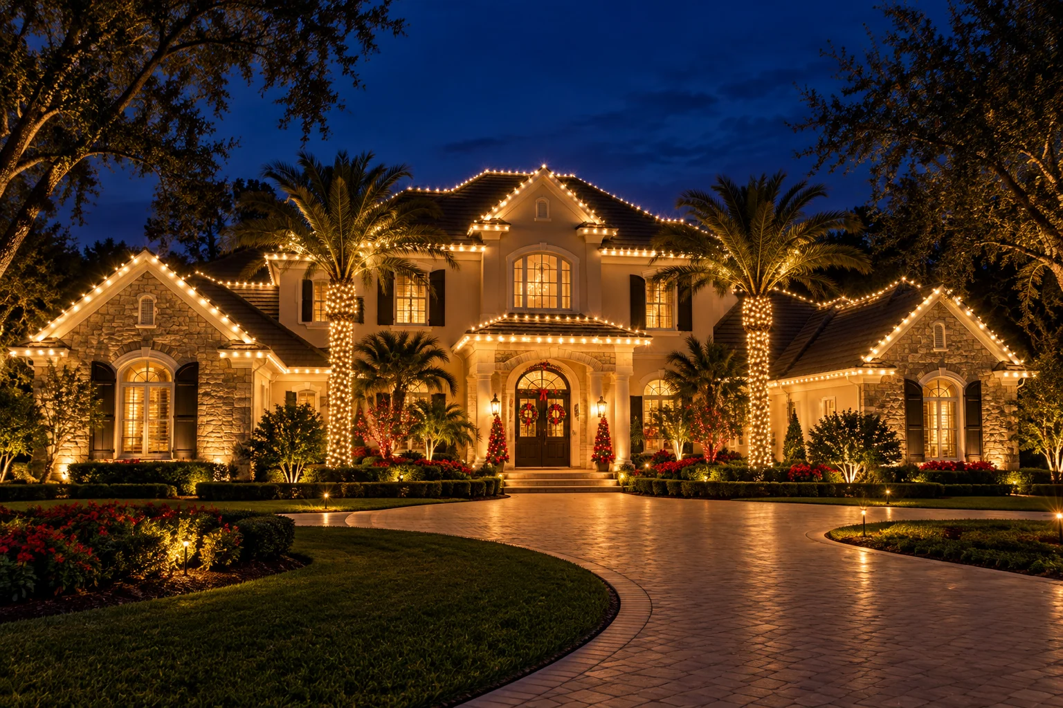 A grand holiday home with warm roofline lights and festive red accents